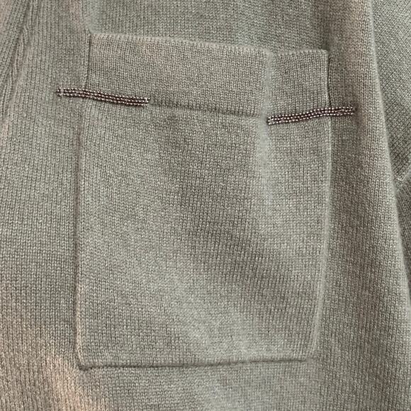 Size L Sage Green Cashmere Monili Beaded One Pocket V-Neck Cardigan - Picture 2 of 7